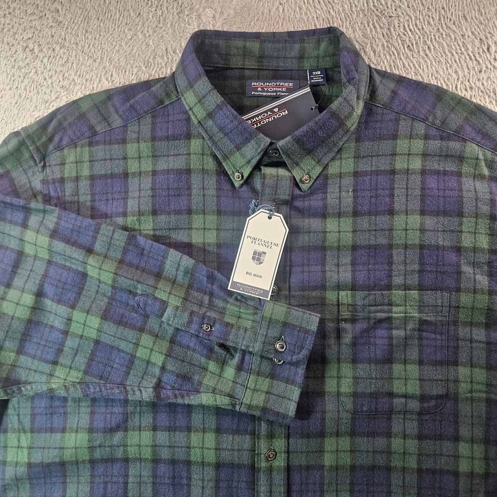 NWT Roundtree & Yorke Portuguese Flannel Shirt Men 3XB Green Navy Black‎ Plaid